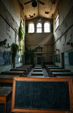 A hauntingly beautiful abandoned school, featuring crumbling walls with peeling paint, dusty wooden desks scattered throughout the classrooms, and sunlight streaming through broken windows