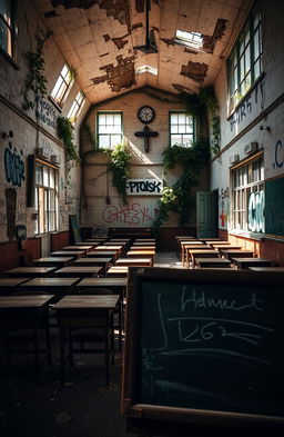A hauntingly beautiful abandoned school, featuring crumbling walls with peeling paint, dusty wooden desks scattered throughout the classrooms, and sunlight streaming through broken windows