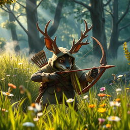 A sneaky jackalope ranger character in a vibrant fantasy forest setting, showcasing a jackalope with large antlers and a mischievous expression dressed in ranger attire