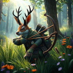 A sneaky jackalope ranger character in a vibrant fantasy forest setting, showcasing a jackalope with large antlers and a mischievous expression dressed in ranger attire