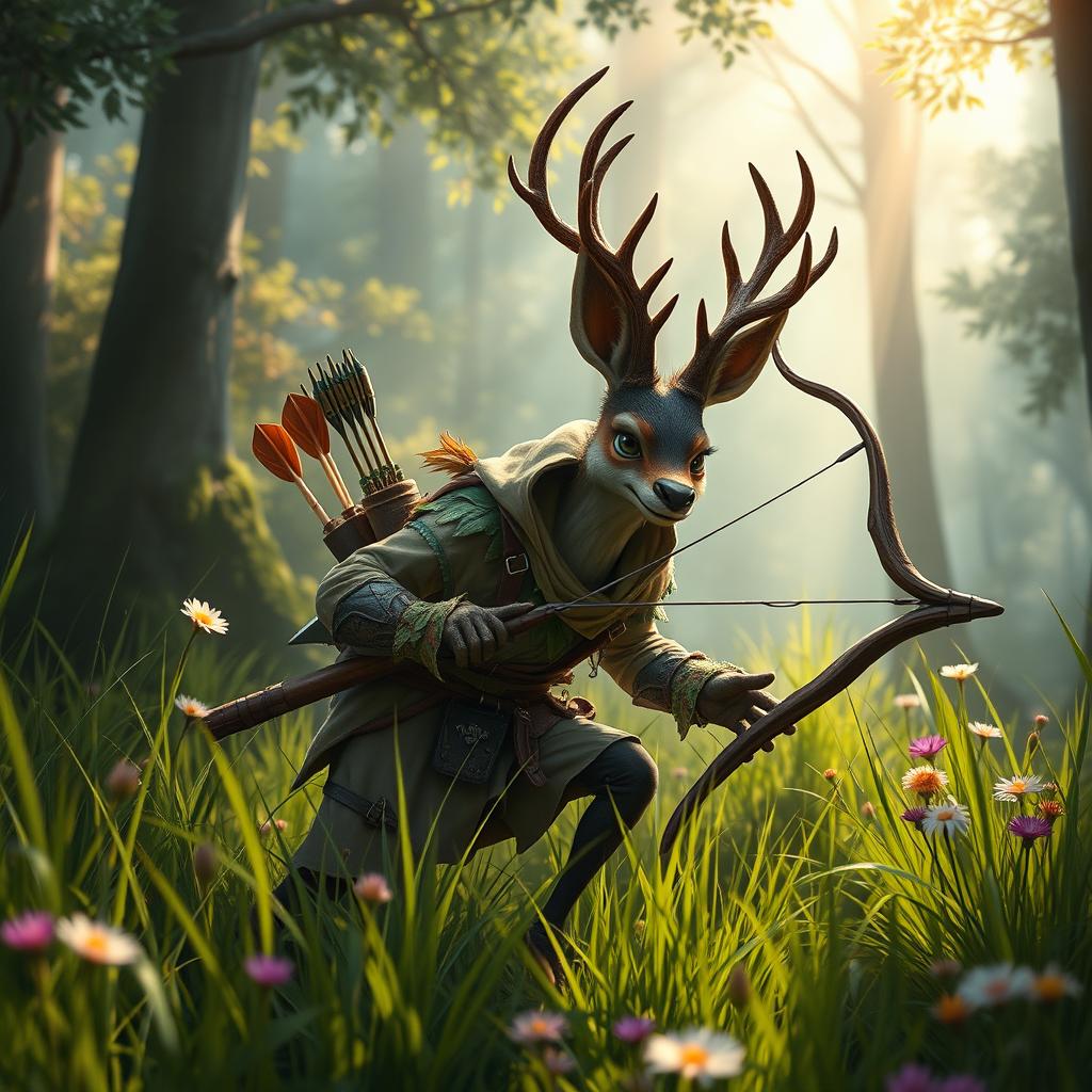 A sneaky jackalope ranger character in a vibrant fantasy forest setting, showcasing a jackalope with large antlers and a mischievous expression dressed in ranger attire