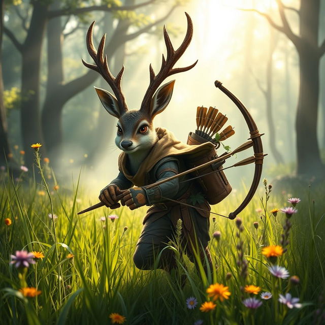 A sneaky jackalope ranger character in a vibrant fantasy forest setting, showcasing a jackalope with large antlers and a mischievous expression dressed in ranger attire