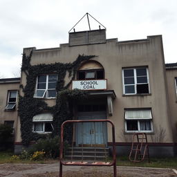 The exterior of an abandoned school, showcasing a dilapidated building with cracked walls and windows coated in grime