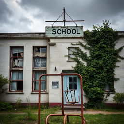The exterior of an abandoned school, showcasing a dilapidated building with cracked walls and windows coated in grime