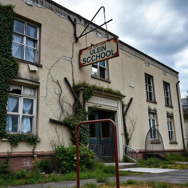 The exterior of an abandoned school, showcasing a dilapidated building with cracked walls and windows coated in grime