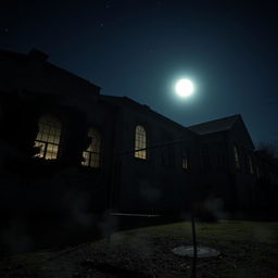 The exterior of an abandoned school at night, illuminated by the pale glow of a full moon