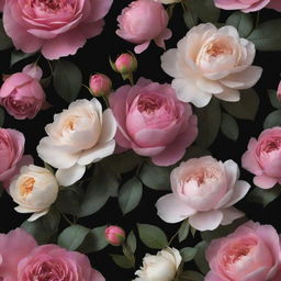 An enchanting 3D wallpaper on a dark backdrop, overwhelmingly filled with an excess of vibrant, extra-large roses, posies, magnolias, monumental peonies and an extensive variety of other flowers, all tightly packed with very little greenery