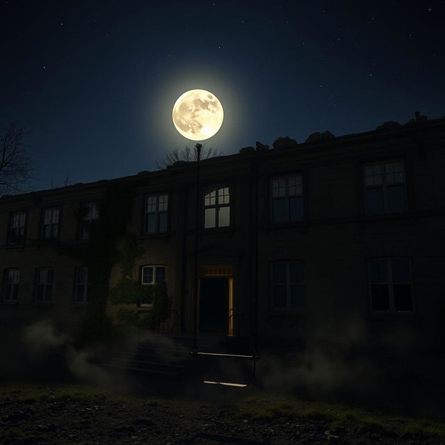 The exterior of an abandoned school at night, illuminated by the pale glow of a full moon