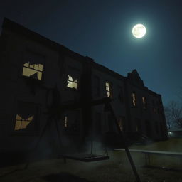 The exterior of an abandoned school at night, illuminated by the pale glow of a full moon