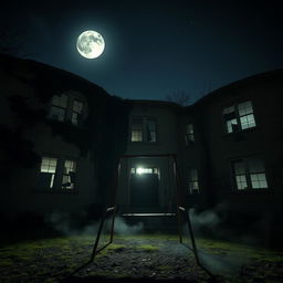 The exterior of an abandoned school at night, illuminated by the pale glow of a full moon