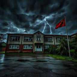 The exterior of an abandoned school during a stormy night, with dark ominous clouds swirling above and flashes of lightning illuminating the scene