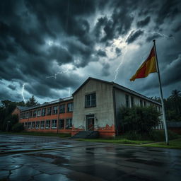 The exterior of an abandoned school during a stormy night, with dark ominous clouds swirling above and flashes of lightning illuminating the scene