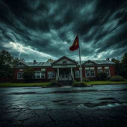 The exterior of an abandoned school during a stormy night, with dark ominous clouds swirling above and flashes of lightning illuminating the scene
