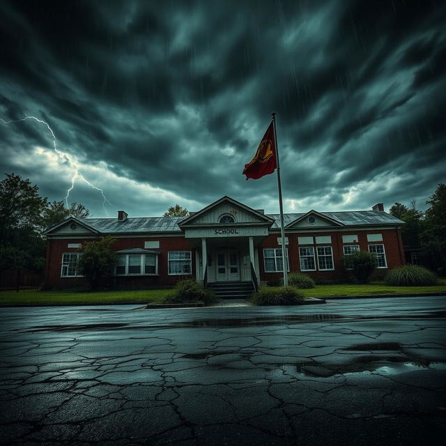 The exterior of an abandoned school during a stormy night, with dark ominous clouds swirling above and flashes of lightning illuminating the scene