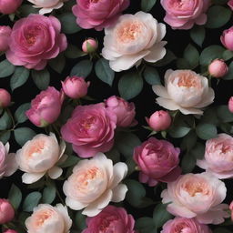 An enchanting 3D wallpaper on a dark backdrop, overwhelmingly filled with an excess of vibrant, extra-large roses, posies, magnolias, monumental peonies and an extensive variety of other flowers, all tightly packed with very little greenery