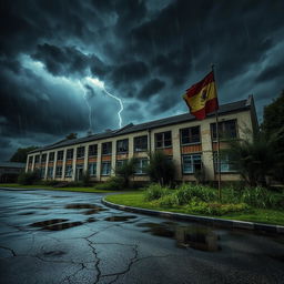 The exterior of an abandoned school during a stormy night, with dark ominous clouds swirling above and flashes of lightning illuminating the scene