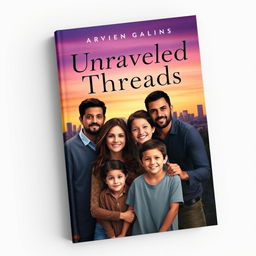 A captivating book cover design for *Unraveled Threads*, featuring a cityscape at dusk with a soft gradient background transitioning from deep purples and blues at the top to warm oranges and yellows near the horizon, creating a calming atmosphere