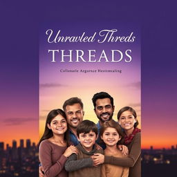 A captivating book cover design for *Unraveled Threads*, featuring a cityscape at dusk with a soft gradient background transitioning from deep purples and blues at the top to warm oranges and yellows near the horizon, creating a calming atmosphere