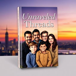 A captivating book cover design for *Unraveled Threads*, featuring a cityscape at dusk with a soft gradient background transitioning from deep purples and blues at the top to warm oranges and yellows near the horizon, creating a calming atmosphere