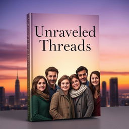 A captivating book cover design for *Unraveled Threads*, featuring a cityscape at dusk with a soft gradient background transitioning from deep purples and blues at the top to warm oranges and yellows near the horizon, creating a calming atmosphere