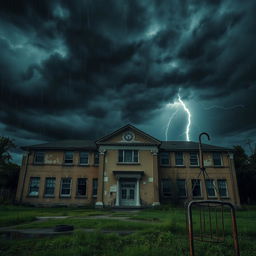 The exterior of an abandoned school during a stormy night, with dark, swirling clouds filling the sky