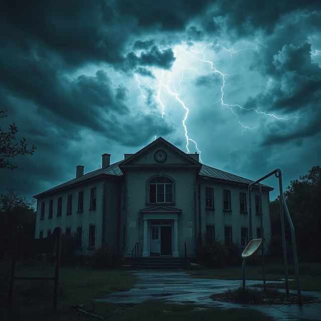 The exterior of an abandoned school during a stormy night, with dark, swirling clouds filling the sky