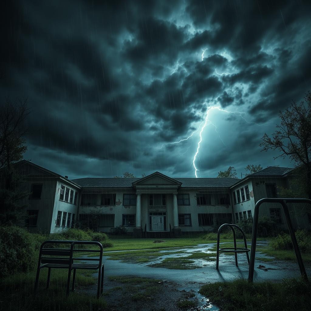 The exterior of an abandoned school during a stormy night, with dark, swirling clouds filling the sky