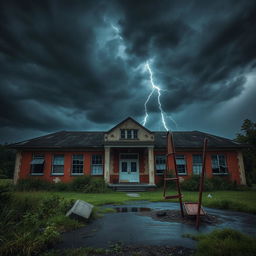 The exterior of an abandoned school during a stormy night, with dark, swirling clouds filling the sky
