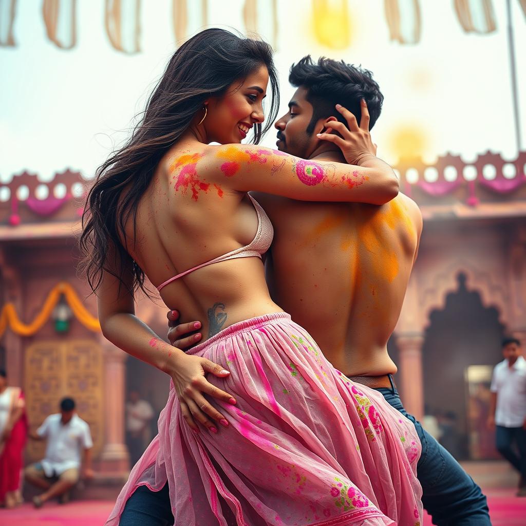 A sensual portrayal of a young woman inspired by the actress Nushrat Bharucha, depicted as a college girl, wearing a low waist chiffon short skirt, sitting on a classmate in a traditional Rajasthani fort setting during the vibrant festival of Holi