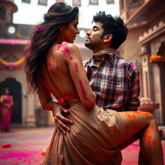 A sensual portrayal of a young woman inspired by the actress Nushrat Bharucha, depicted as a college girl, wearing a low waist chiffon short skirt, sitting on a classmate in a traditional Rajasthani fort setting during the vibrant festival of Holi