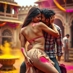 A sensual portrayal of a young woman inspired by the actress Nushrat Bharucha, depicted as a college girl, wearing a low waist chiffon short skirt, sitting on a classmate in a traditional Rajasthani fort setting during the vibrant festival of Holi