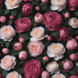 An enchanting 3D wallpaper on a dark backdrop, overwhelmingly filled with an excess of vibrant, extra-large roses, posies, magnolias, monumental peonies and an extensive variety of other flowers, all tightly packed with very little greenery