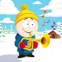 A whimsical, cartoon-style scene inspired by South Park, featuring a character playing a shiny brass trumpet in a stylized snowy landscape