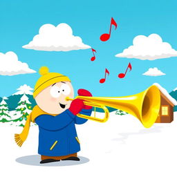 A whimsical, cartoon-style scene inspired by South Park, featuring a character playing a shiny brass trumpet in a stylized snowy landscape