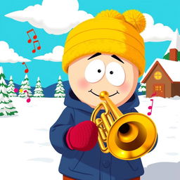A whimsical, cartoon-style scene inspired by South Park, featuring a character playing a shiny brass trumpet in a stylized snowy landscape