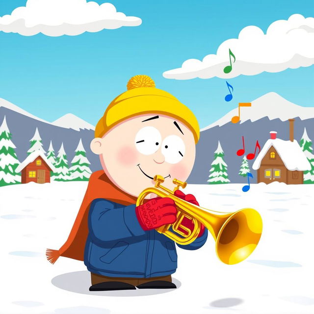 A whimsical, cartoon-style scene inspired by South Park, featuring a character playing a shiny brass trumpet in a stylized snowy landscape