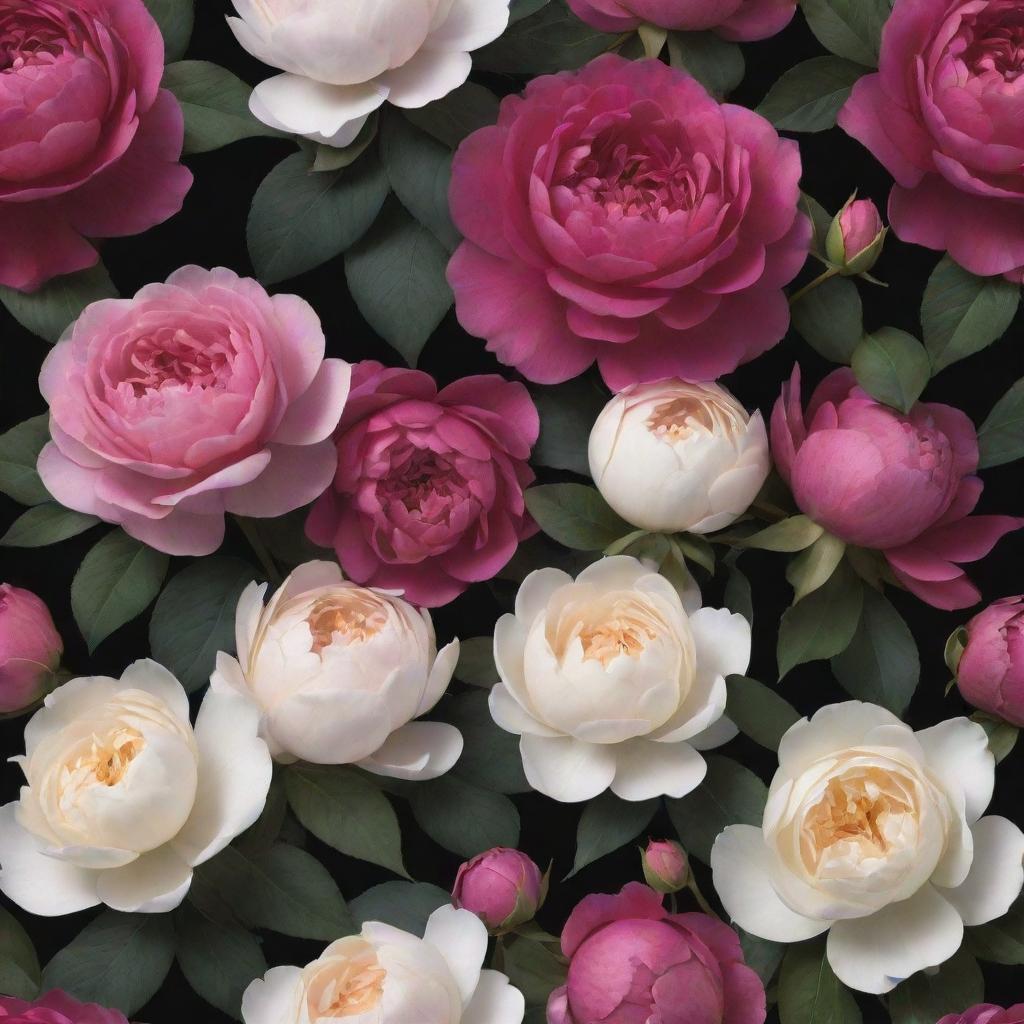 An extravagant 3D wallpaper portraying a dark backdrop, densely packed with a profusion of oversized, vibrant roses, posies, magnolias, and titanic peonies along with a greater mix of other flowers, almost devoid of greenery and foliage