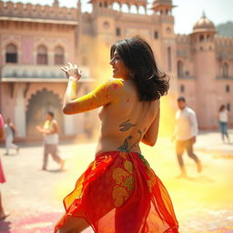 A sensual portrayal of a college girl inspired by Nushrat Bharucha, dressed in a stylish low waist chiffon short skirt, enjoying a vibrant Holi celebration at a Rajasthani fort