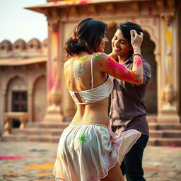 A sensual portrayal of a college girl inspired by Nushrat Bharucha, dressed in a stylish low waist chiffon short skirt, enjoying a vibrant Holi celebration at a Rajasthani fort