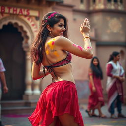 A sensual portrayal of a college girl inspired by Nushrat Bharucha, dressed in a stylish low waist chiffon short skirt, enjoying a vibrant Holi celebration at a Rajasthani fort