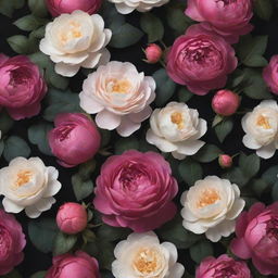 An extravagant 3D wallpaper portraying a dark backdrop, densely packed with a profusion of oversized, vibrant roses, posies, magnolias, and titanic peonies along with a greater mix of other flowers, almost devoid of greenery and foliage