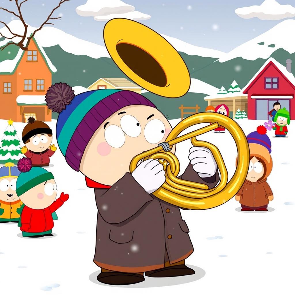 A whimsical scene featuring a character in the unique, cartoonish style of South Park, playing a large brass tuba with exaggerated expressions and playful energy