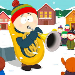 A whimsical scene featuring a character in the unique, cartoonish style of South Park, playing a large brass tuba with exaggerated expressions and playful energy