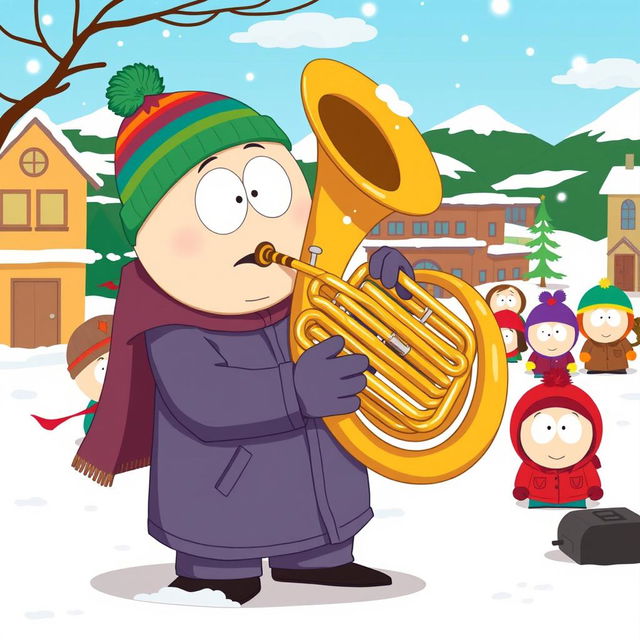 A whimsical scene featuring a character in the unique, cartoonish style of South Park, playing a large brass tuba with exaggerated expressions and playful energy