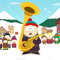 A whimsical scene featuring a character in the unique, cartoonish style of South Park, playing a large brass tuba with exaggerated expressions and playful energy