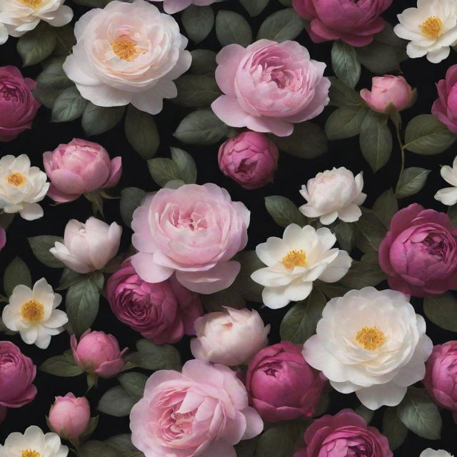 An extravagant 3D wallpaper portraying a dark backdrop, densely packed with a profusion of oversized, vibrant roses, posies, magnolias, and titanic peonies along with a greater mix of other flowers, almost devoid of greenery and foliage