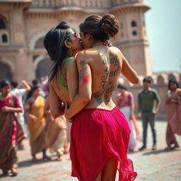A sensual depiction of a college girl inspired by Nushrat Bharucha, wearing a stylish low waist chiffon short skirt during a vibrant Holi celebration at a majestic Rajasthani fort