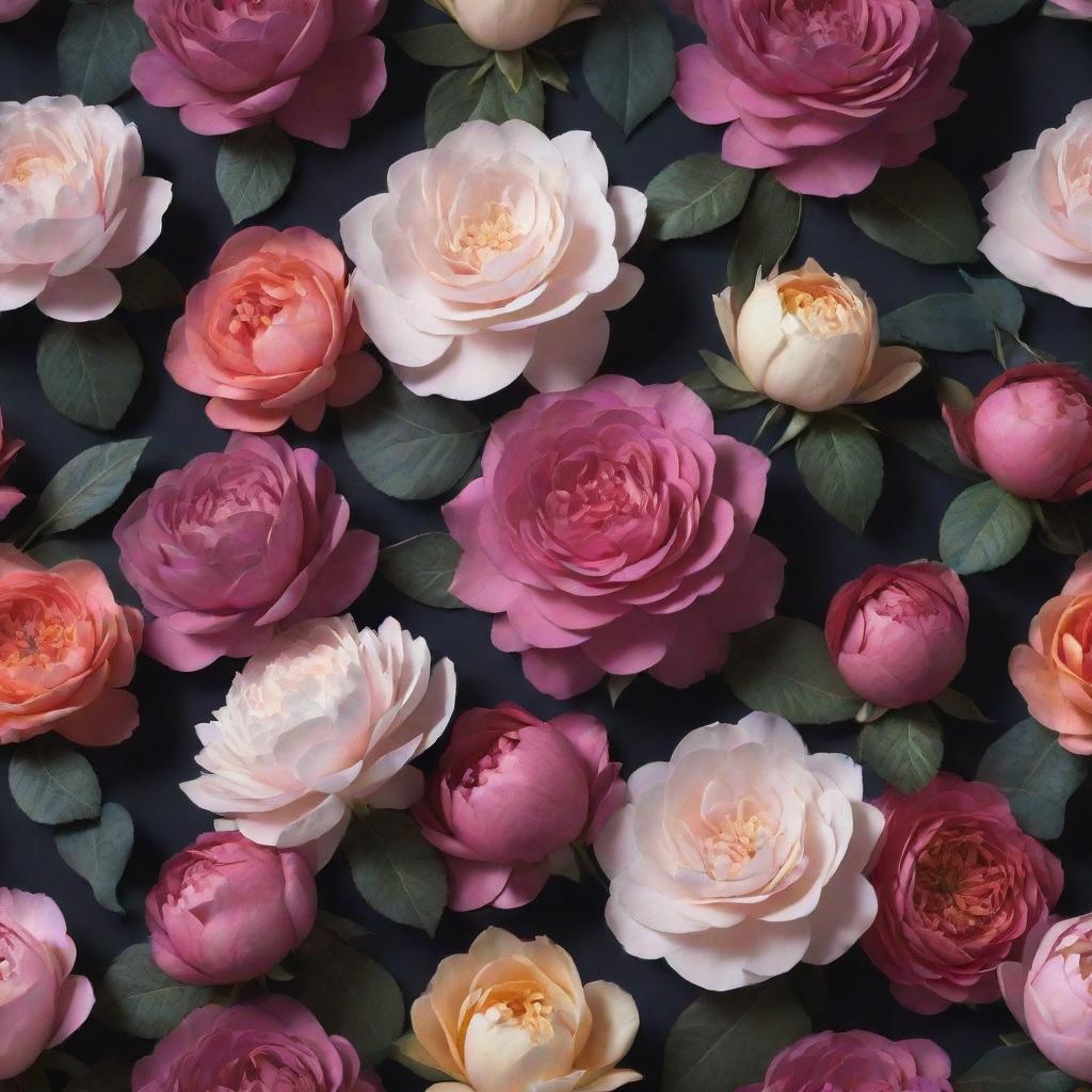 An intense 3D wallpaper representing a dark backdrop, swarming with oversized, multicoloured roses, posies, magnolias, gigantic peonies, and an extended variety of other flowers