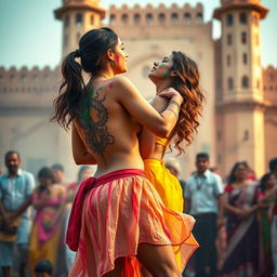 A sensual depiction of a college girl inspired by Nushrat Bharucha, wearing a stylish low waist chiffon short skirt during a vibrant Holi celebration at a majestic Rajasthani fort