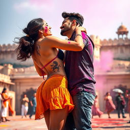 A sensual depiction of a college girl inspired by Nushrat Bharucha, wearing a stylish low waist chiffon short skirt during a vibrant Holi celebration at a majestic Rajasthani fort